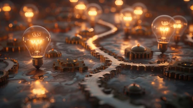 Photorealistic scene showcasing glowing light bulbs interconnected with gears, symbolizing strategic pathways to business success. the intricate design represents the synergy of innovation and strategic planning.