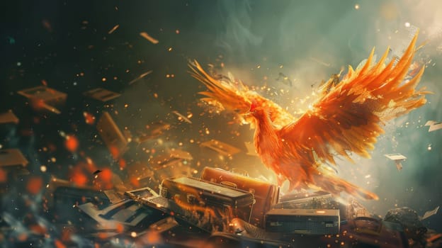 A vibrant, photorealistic depiction of a phoenix emerging from shattered briefcases and corporate symbols, representing the transformation and renewal of business strategies post-failure amidst a backdrop of graphs.