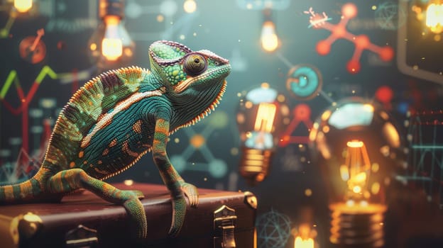 A chameleon blends into its surroundings while perched on a briefcase, set against a backdrop of corporate symbols like graphs and light bulbs, representing adaptability and innovation in business strategies.