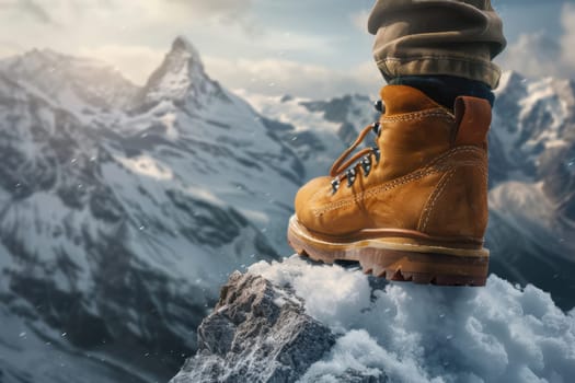 A detailed, photorealistic image of a boot stepping onto a snowy mountain peak during sunset. the scene embodies themes of achievement and success, with vibrant natural lighting enhancing the dramatic landscape.