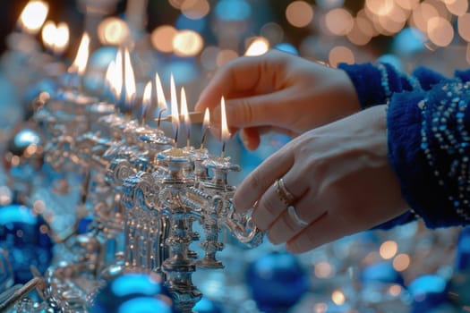 Hands light the menorah candles for the first night of hanukkah. a warm glow illuminates the silver menorah, surrounded by blue and white festive decorations, capturing the essence of the celebration.