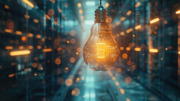 A visually striking depiction of innovation in a tech-driven business environment. a glowing light bulb symbolizes creativity, surrounded by streams of digital data, illustrating the fusion of technology and forward-thinking strategies.