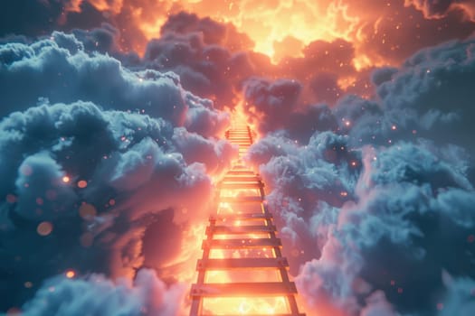 A glowing ladder stretches upwards through a sea of clouds, symbolizing limitless opportunities in the business world. the bright and clean lighting creates a photorealistic effect, evoking hope and ambition.