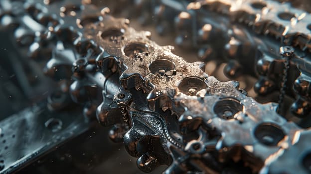 Gears intricately interlocked in a chain represent the seamless efficiency of teamwork in business. photorealistic details highlight the precision and mechanical harmony essential for effective collaboration.