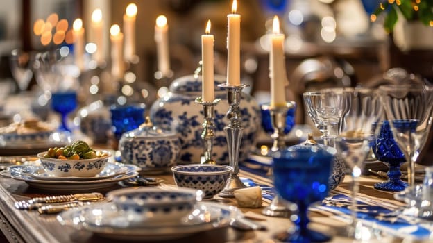 A beautifully set table for a hanukkah feast, featuring tall blue and white candles, elegant dishware, and a silver menorah as the centerpiece. perfectly arranged for a festive family dinner ambiance.