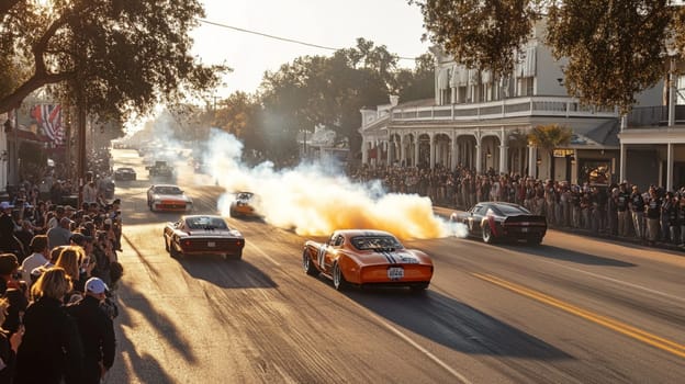 Powerful sports cars race through city streets at sunset, leaving a trail of smoke, thrilling spectators with high speed action