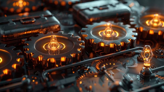 Glowing gears with embedded corporate symbols such as light bulbs and briefcases represent the theme of efficiency and innovation in business. the high-detail photography highlights the interconnectedness of modern enterprises.