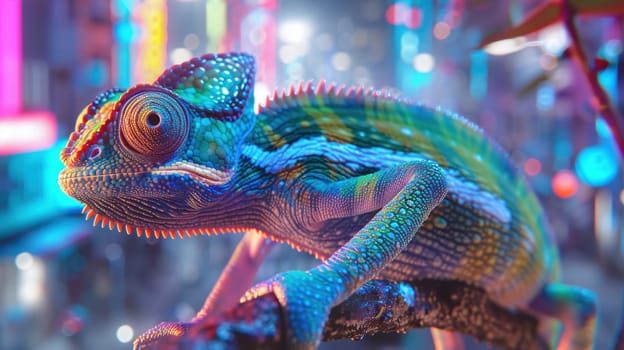 A chameleon expertly camouflages within a vibrant digital environment, symbolizing technological adaptability and innovation in the business world. the photorealistic scene is illuminated with clean, dynamic lighting.