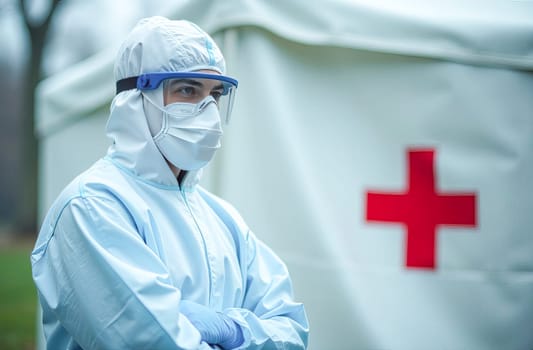 An epidemiologist in a protective medical suit stands outside an isolation tent with a red cross.
