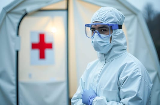 An epidemiologist in a protective medical suit stands outside an isolation tent with a red cross.