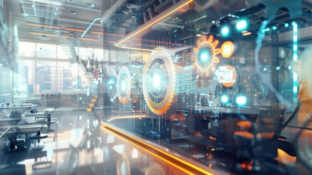 Photorealistic depiction of a tech-driven office featuring gears turning inside digital interfaces, symbolizing the seamless integration of technology and efficiency. the scene is illuminated with clean, vibrant lighting.
