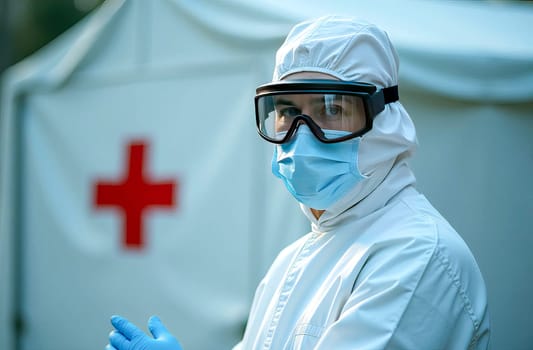 An epidemiologist in a protective medical suit stands outside an isolation tent with a red cross.