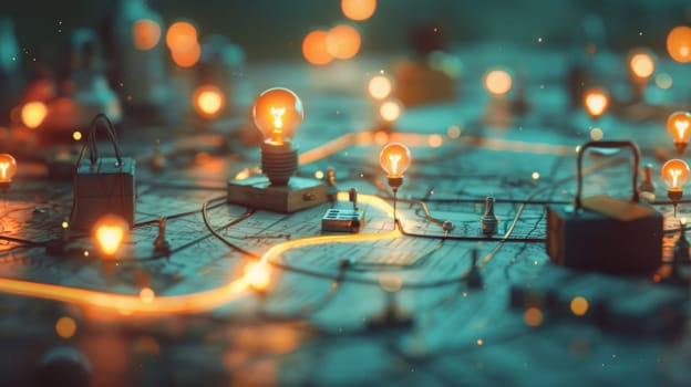Illuminated map featuring glowing light bulbs, briefcases, and graphs representing strategic business planning. this high-detail photorealistic image highlights the concept of guiding business decisions through smart strategies.