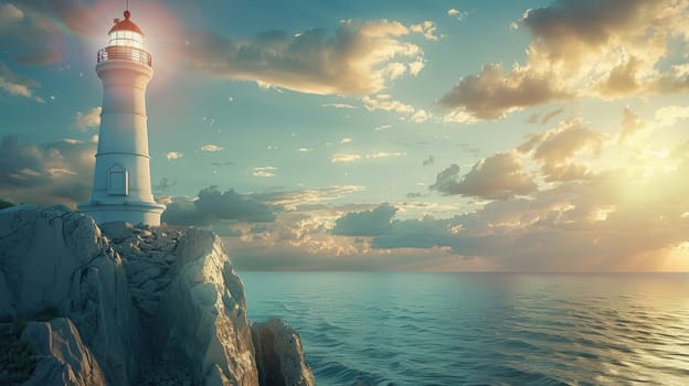 Lighthouse on a rocky cliff illuminates the ocean at sunset, symbolizing guidance and resilience. its warm glow contrasts with the cool ocean, representing steadfast leadership amidst business challenges.