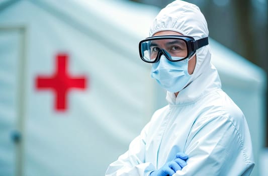 An epidemiologist in a protective medical suit stands outside an isolation tent with a red cross.