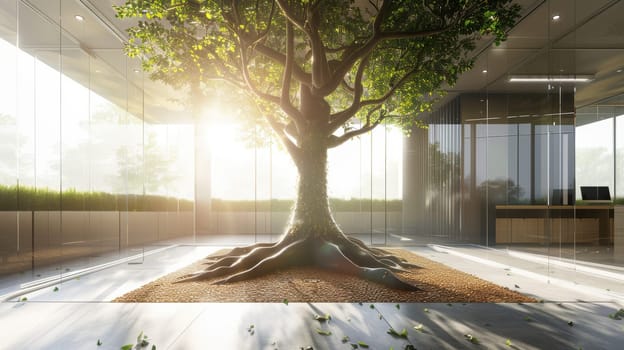 A vibrant tree grows through the floor of a sleek, modern office, its roots spreading through workspaces. this photorealistic scene symbolizes the deep integration of sustainability within contemporary business environments.