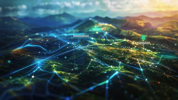 A digital map strategic routes labeled with "innovation" and "expansion" against a tech-focused landscape, symbolizing business strategy and growth in technology sectors with a forward-thinking approach.