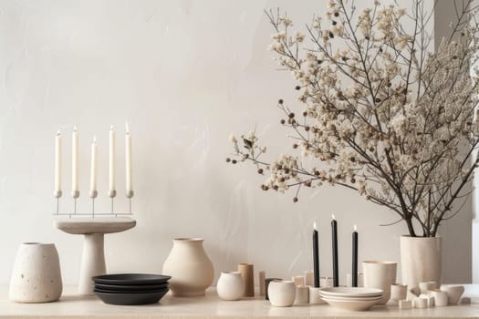 Modern hanukkah-themed product layout showcasing a sleek menorah, candles, and stylish decor. the design emphasizes a clean, minimalistic aesthetic with plenty of white space, ideal for e-commerce purposes.