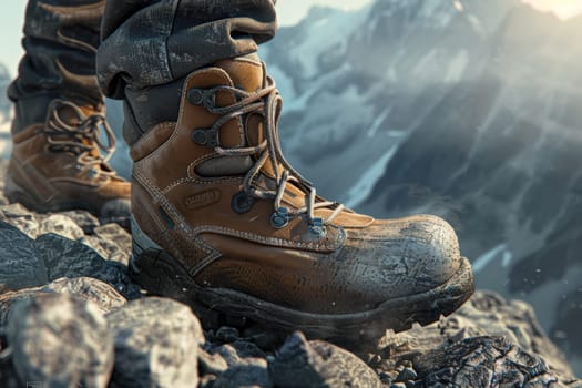 Boots rest confidently on a rocky mountain path, symbolizing the steady and determined steps needed to overcome business challenges. the scene captures high detail photorealism with dynamic lighting, emphasizing resilience.