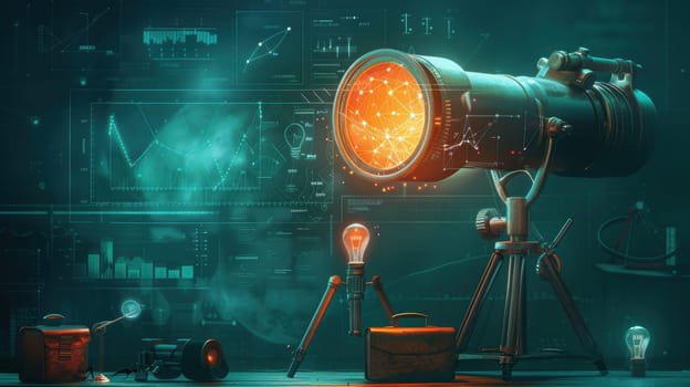 A telescope emits a radiant glow, surrounded by corporate symbols like graphs, briefcases, and light bulbs, representing the visionary leadership required for guiding business growth. the photorealistic details embody strategic insight.