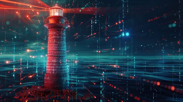 A lighthouse stands tall in a digital landscape, its beam formed by data streams. this high-detail photorealistic image symbolizes leadership in the tech-driven business world, set against a vibrant sunset.