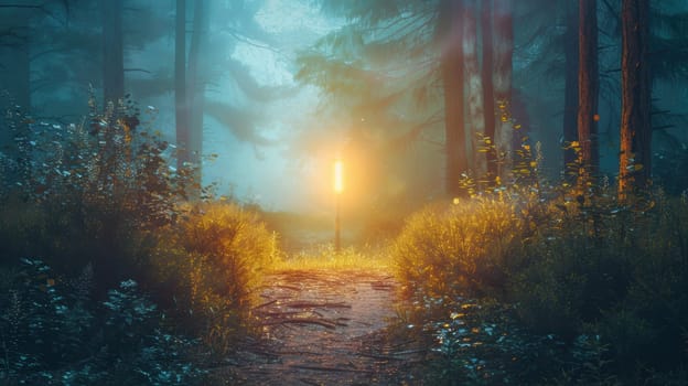 A solitary glowing beacon illuminates a fog-covered forest path amidst towering trees, symbolizing the guiding light of success in uncertain business environments. the photorealistic scene features dynamic, dramatic lighting.