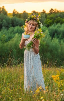 Woman in a meadow with medicinal herbs. Selective focus. Nature.