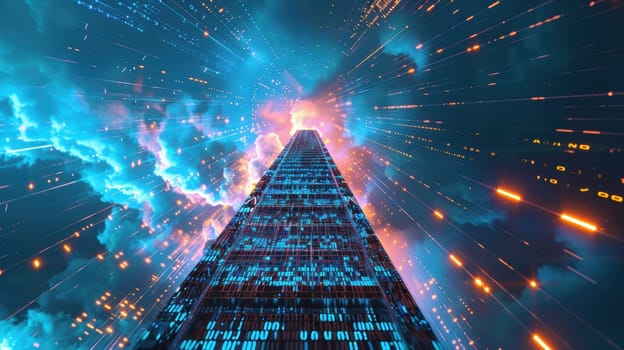 A digitally rendered ladder composed of code ascends into a dynamic sky, representing technological advancement and opportunities. the scene features vivid colors and detailed lighting, emphasizing a futuristic concept.
