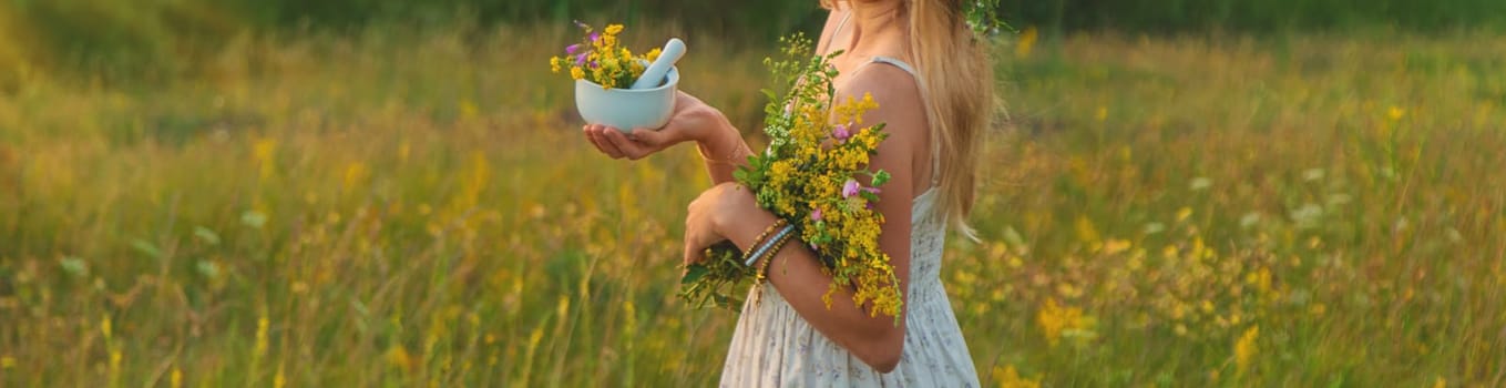 Woman in a meadow with medicinal herbs. Selective focus. Nature.