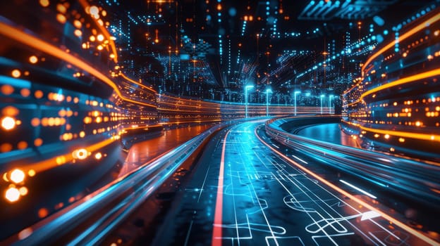 A vibrant digital race track featuring glowing paths and data projections symbolizes modern business competition. business professionals represented as silhouettes race on high-tech futuristic tracks, depicting the speed and innovation of today's corporate environment.