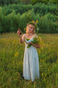 Woman in a meadow with medicinal herbs. Selective focus. Nature.