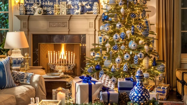 A beautifully decorated living room themed for hanukkah, featuring a vibrant tree adorned with blue and white ornaments. a menorah, lit on the mantel, is surrounded by wrapped gifts, candles, and festive garlands, creating a cozy holiday ambiance.