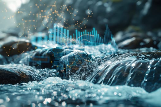 High-detail photorealistic image of water flowing over rocks, integrated with corporate elements like graphs and briefcases, symbolizing the fluidity and ongoing progress in business growth.