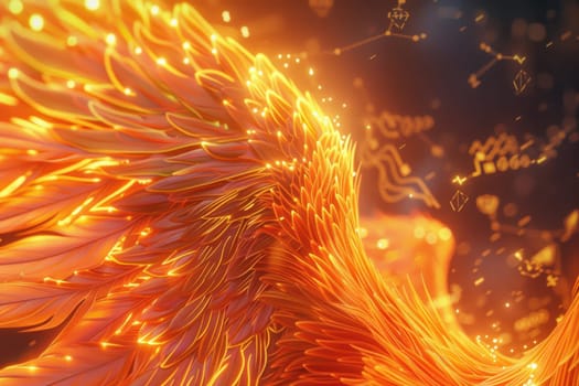 A detailed close-up of a phoenix's radiant feathers, featuring embedded corporate symbols like light bulbs and graphs, symbolizing the dynamic fusion of innovation and change within the business world.