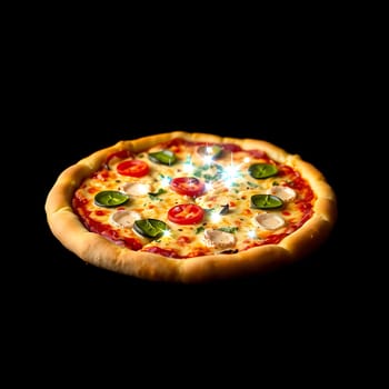 A close-up shot of a freshly baked pizza with melted cheese, tomato, and green peppers, isolated on a black background. The image features a sparkling effect, adding a touch of magic and excitement. Perfect for food blogs, restaurant menus, or advertising campaigns.