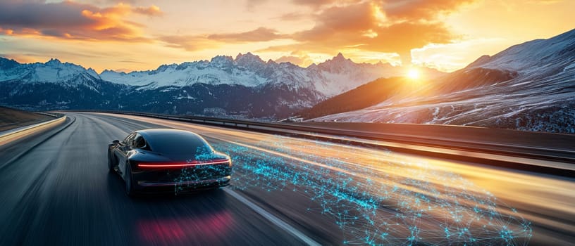 Futuristic black car is speeding down a mountain highway, leaving a trail of network connection graphics in its wake. The sun is setting behind snow capped mountains in the distance
