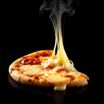 A close-up of a delicious pizza slice with melted cheese, tomatoes, and steam rising from the cheese, isolated on a black background. The image is perfect for showcasing the appetizing and mouthwatering qualities of pizza. It can be used in advertising, menus, and food-related publications.