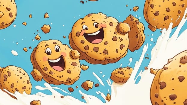 Cartoon illustration of delicious chocolate chip cookies falling into a splash of milk