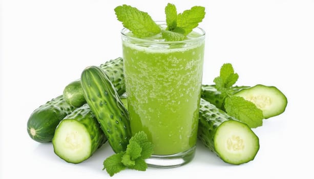 Cucumber detox drink surrounded by cucumbers and mint leaves on white background