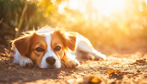 Brown dog is sleeping peacefully in warm evening sunlight