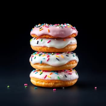 A stack of three delicious donuts, each with a different glaze and colorful sprinkles. The donuts are on a black background, creating a visually appealing contrast. This image is perfect for use in advertising, food blogs, or any project related to sweet treats and desserts. ,
