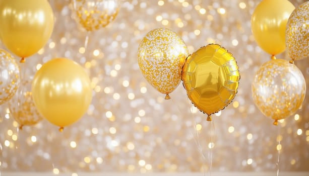 Golden balloons are hanging on a shiny background for party decoration