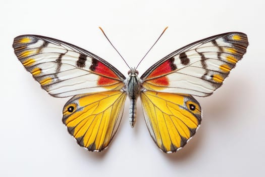 Colorful butterfly is spreading its wings, showcasing its vibrant yellow, red, black, and white markings