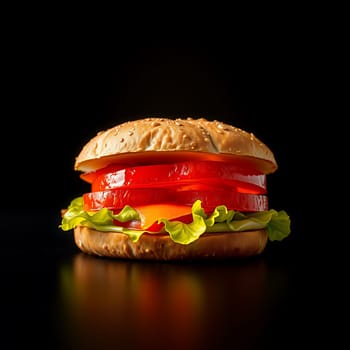A delicious looking burger with sesame seed bun, lettuce, tomato, and cheese. This is a great image for food blogs, cookbooks, or advertising fast food. The black background makes it perfect for graphic design and branding. This image would be a great addition to your collection.