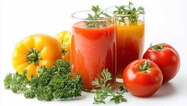 Two glasses full of healthy vegetable juice stand on a white surface surrounded by fresh bell peppers and thyme