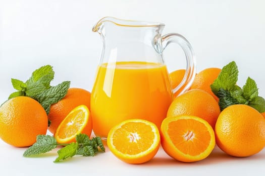 Refreshing pitcher of orange juice with fresh oranges and mint on white background
