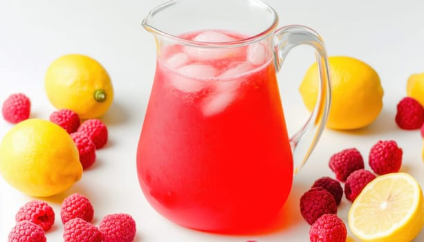 Raspberry lemonade being poured into glass with ice surrounded by lemons and raspberries on white surface