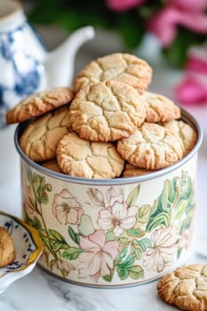Freshly baked cookies are piled high in a colorful floral tin, ready to be enjoyed
