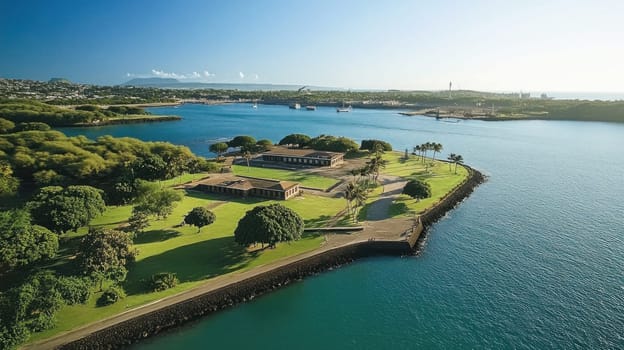 Aerial view of fort derussy on a sunny day, showcasing the lush greenery and the sparkling waters of honolulu harbor