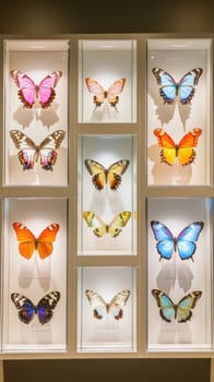 Colorful butterfly specimens are pinned in a museum display case